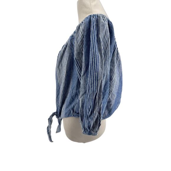 American Eagle Blue Striped Linen Blend Puff Sleeve Off The Shoulder Crop Top XL - Picture 2 of 5